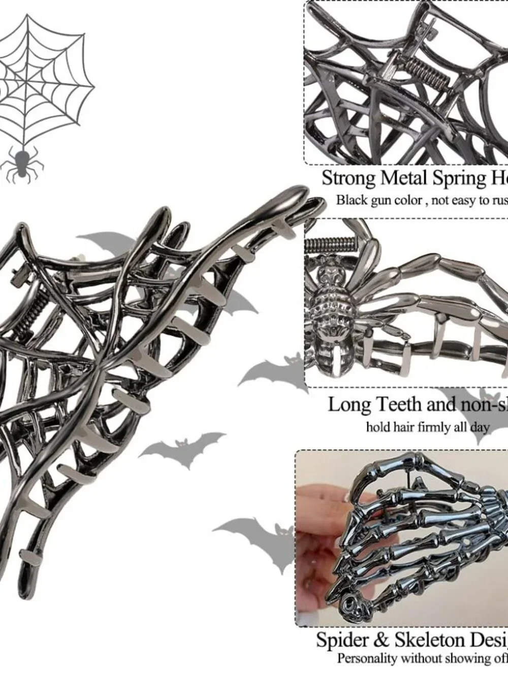 Punk Black Spider Web Skeleton Hand Skull Hair Claw Clips Barrette Headband Hobo